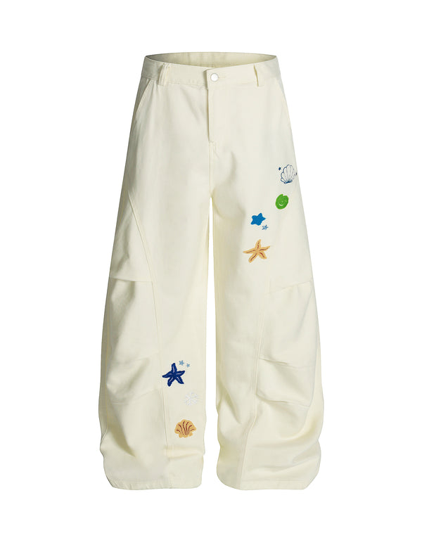 BAKYARDER Cartoon Embroidered Patch Barrel Cargo Pants