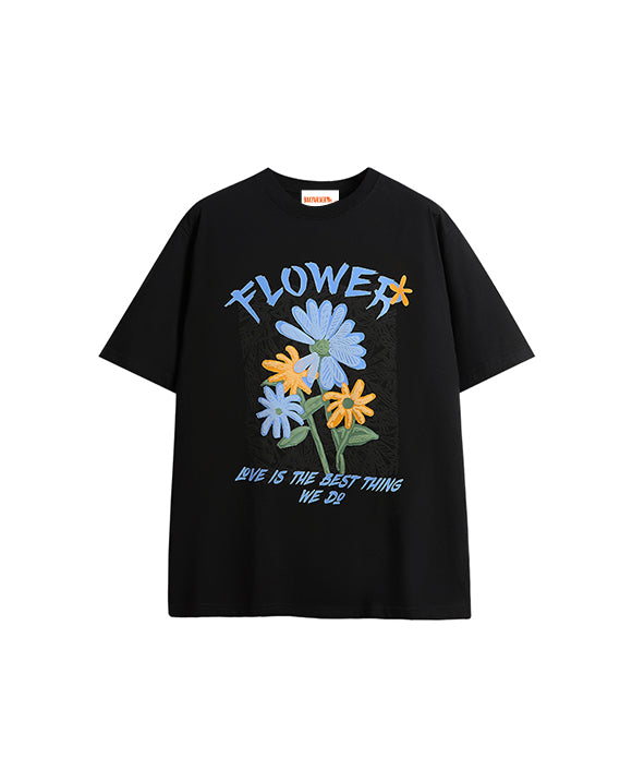 BAKYARDER Spring and Summer Floral Line Embroidery T-Shirt