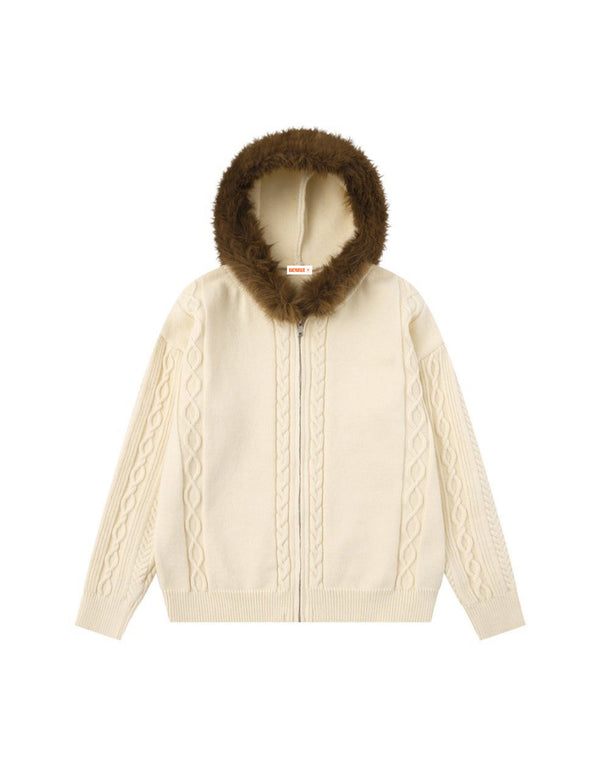BAKYARDER Cable Knit Fur-Trim Hooded Zip Cardigan Sweater