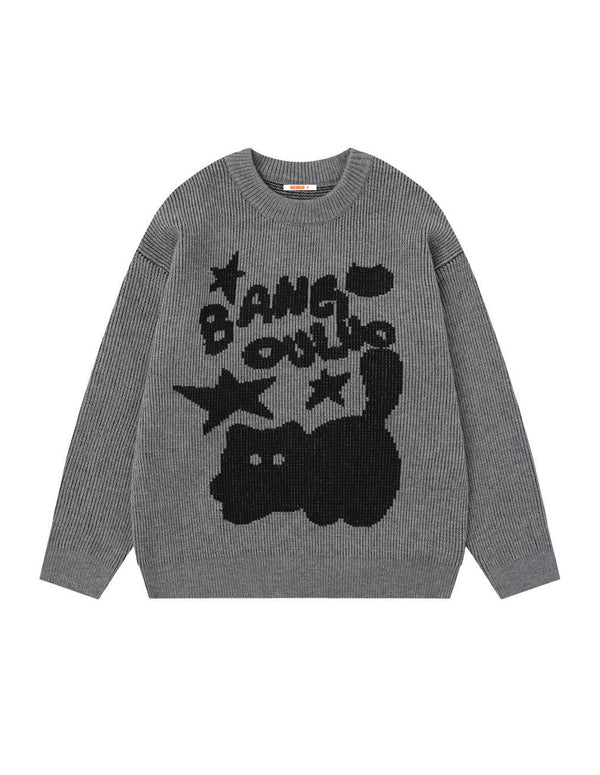 BAKYARDER Cartoon Cat Jacquard Crewneck Sweater