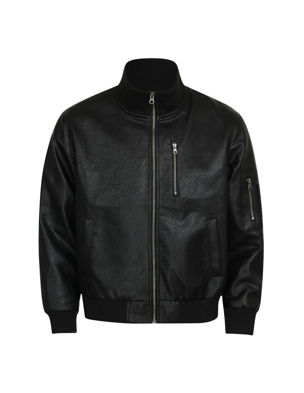 BAKYARDER Vintage Stand Collar Biker Cropped Leather Jacket