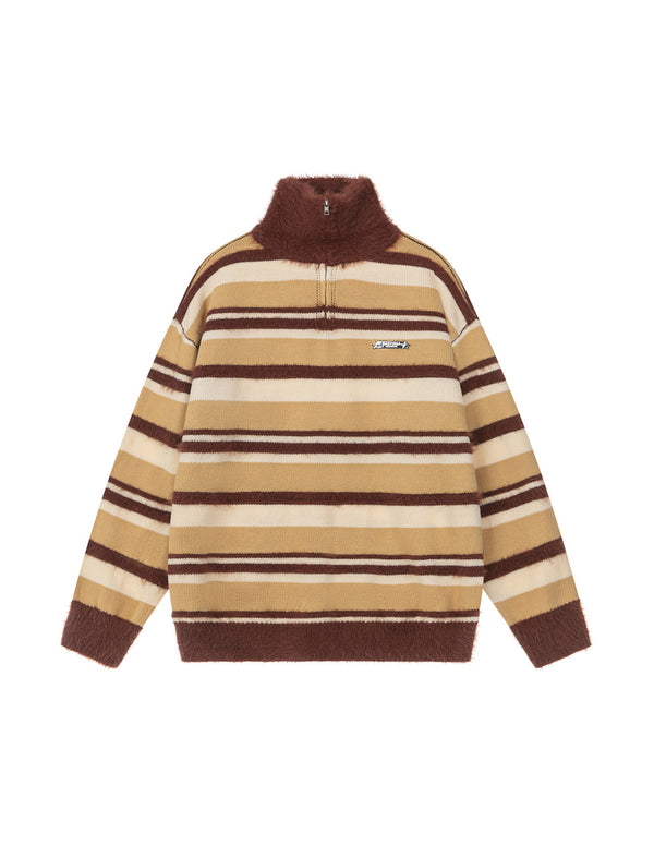 BAKYARDER Vintage Color‑Block Striped Half‑Zip Sweater