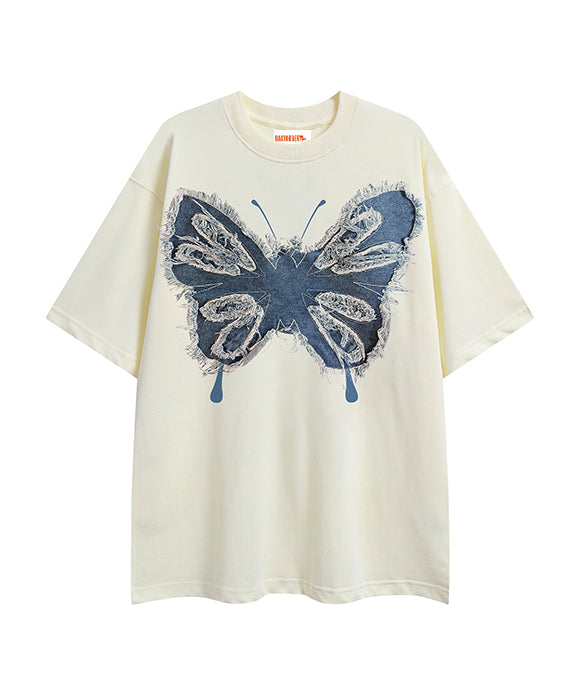 BAKYARDER Denim Butterfly Embroidered Tee