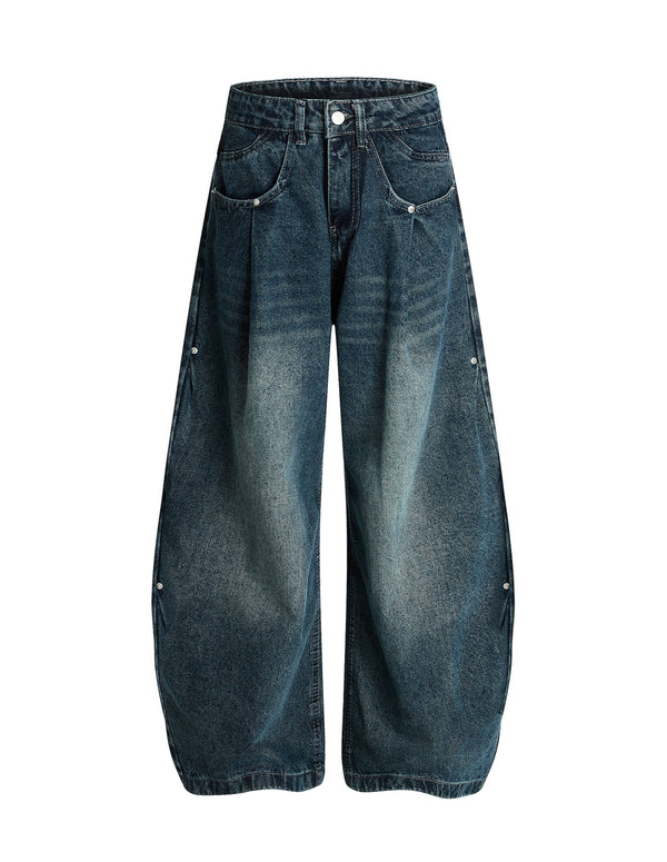 BAKYARDER Washed Distressed Riveted Barrel Jeans