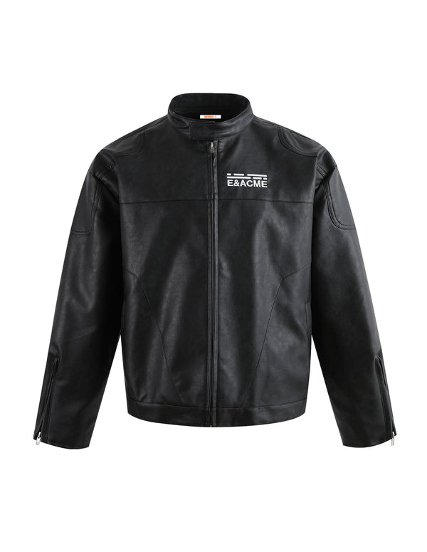 BAKYARDER Letter Embroidered Stand-Collar Biker Leather Jacket