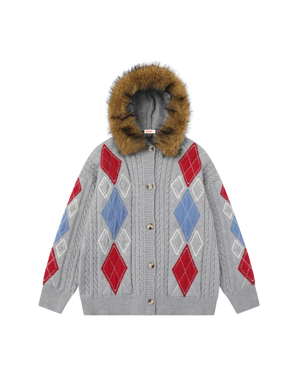 BAKYARDER Hooded Cardigan Sweater with Removable Fur Collar