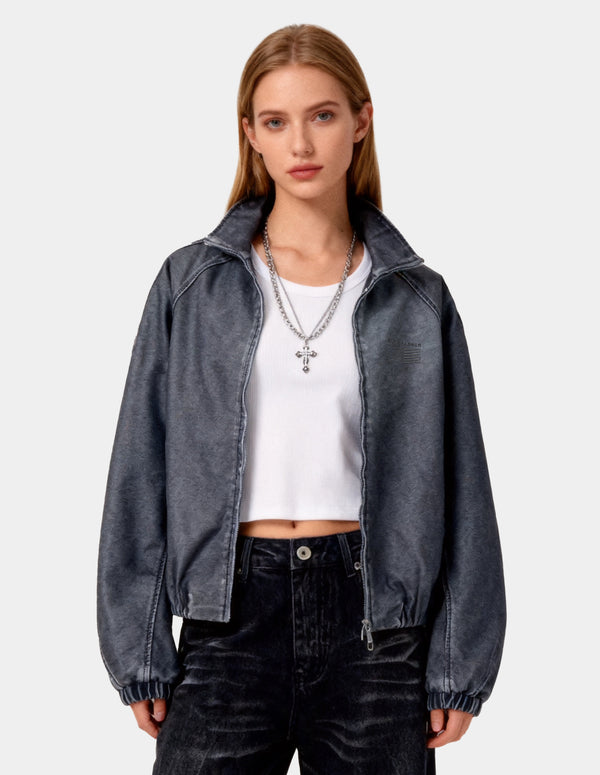 BAKYARDER Retro Distressed Stand Collar Leather Jacket