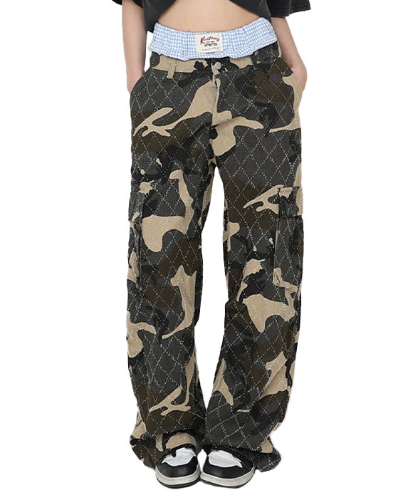 BAKYARDER Vintage Camouflage Double Waist Cargo Pants