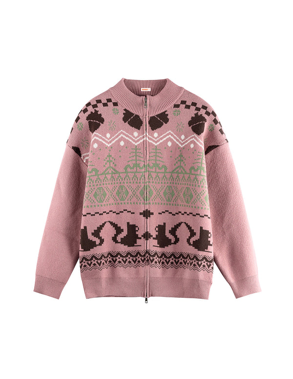 BAKYARDER Vintage Jacquard Zip-Up Cardigan Sweater