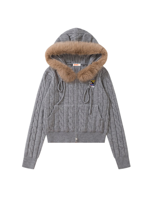 BAKYARDER Embroidered Puppy Fur‑Collar Hooded Zip‑Up Cardigan Sweater