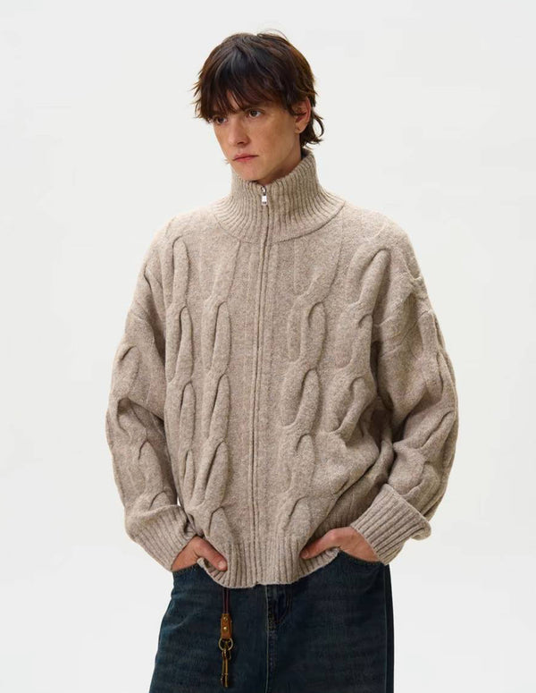 BAKYARDER Cable Knit Zip Up Cardigan Turtleneck Sweaters Unisex Open Front Zipper Oversized Sweater