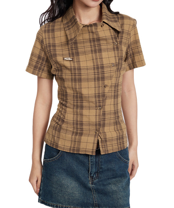 BAKYARDER Women's Asymmetrical Design Plaid Shirt