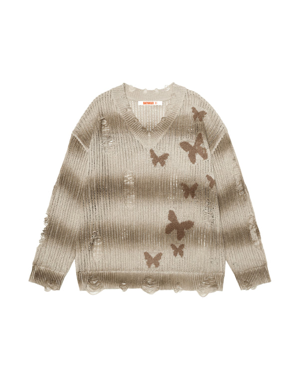 BAKYARDER Butterfly Jacquard Ripped Knit Top