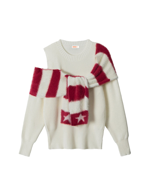 BAKYARDER Christmas Striped Star Scarf Off-Shoulder Sweater