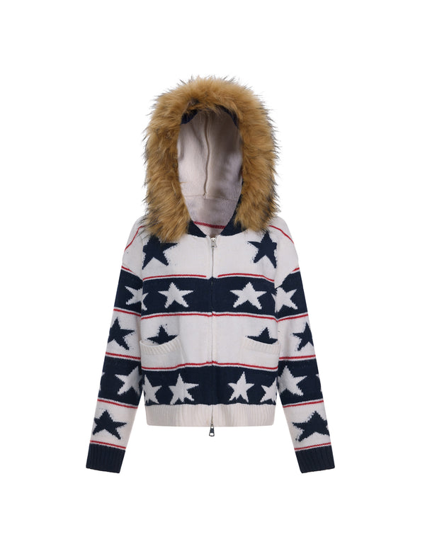 BAKYARDER Color-Block Striped Star Fur Collar Hooded Sweater Jacket