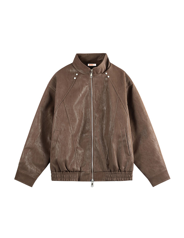 BAKYARDER Deconstructed Solid Stand-Collar Cropped Leather Jacket