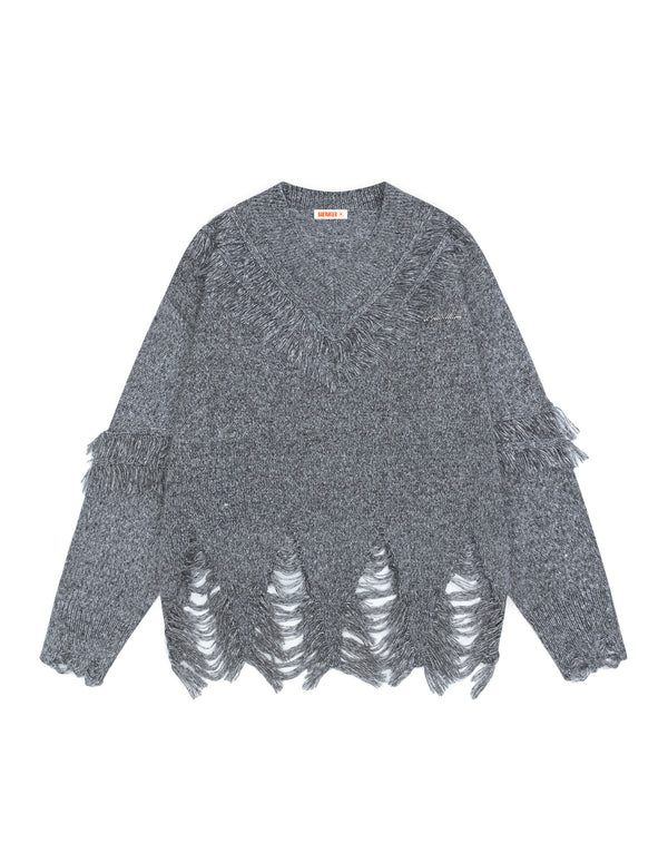 BAKYARDER Distressed Fringe V‑Neck Sweater
