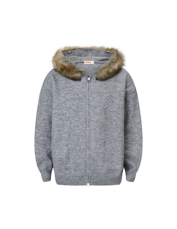 BAKYARDER Fur-Trim Hooded Zip-Up Cardigan Sweater