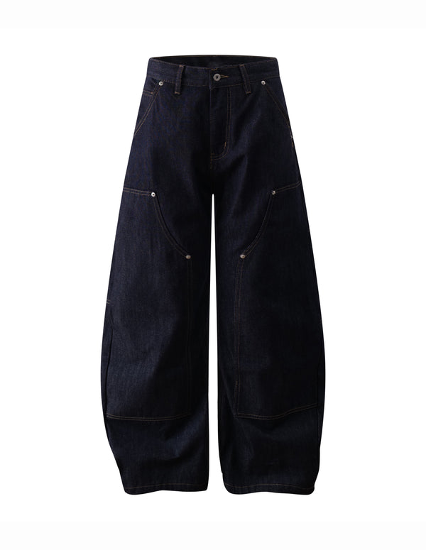 BAKYARDER High-Street Contrast-Stitch Rivet Barrel-Leg Jeans