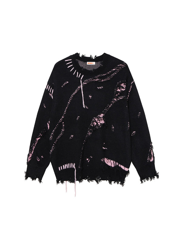 BAKYARDER Irregular Hole Color‑Block Oversized Sweater