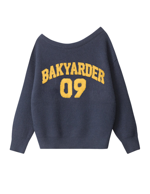 BAKYARDER Letter Chenille Embroidery Off-Shoulder Sweater