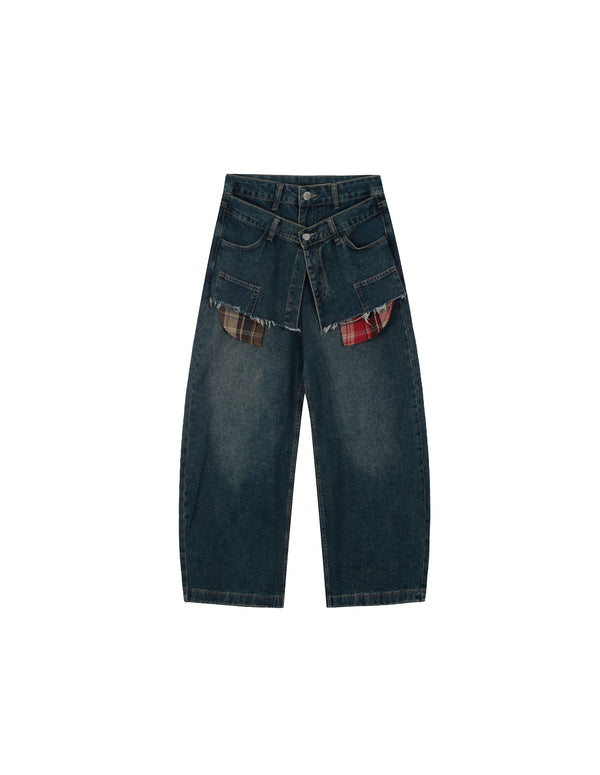 BAKYARDER Retro Double-Waist Patchwork Barrel Jeans