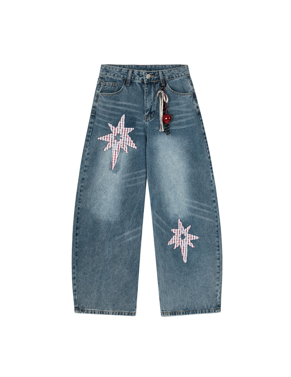 BAKYARDER Retro Star Appliqué Barrel Jeans