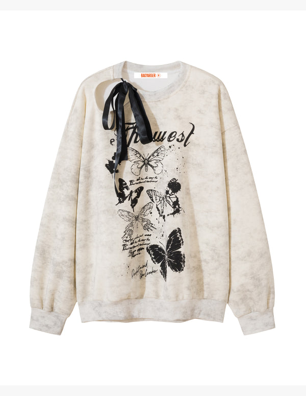 BAKYARDER Vintage Butterfly Print Off-Shoulder Sweatshirt