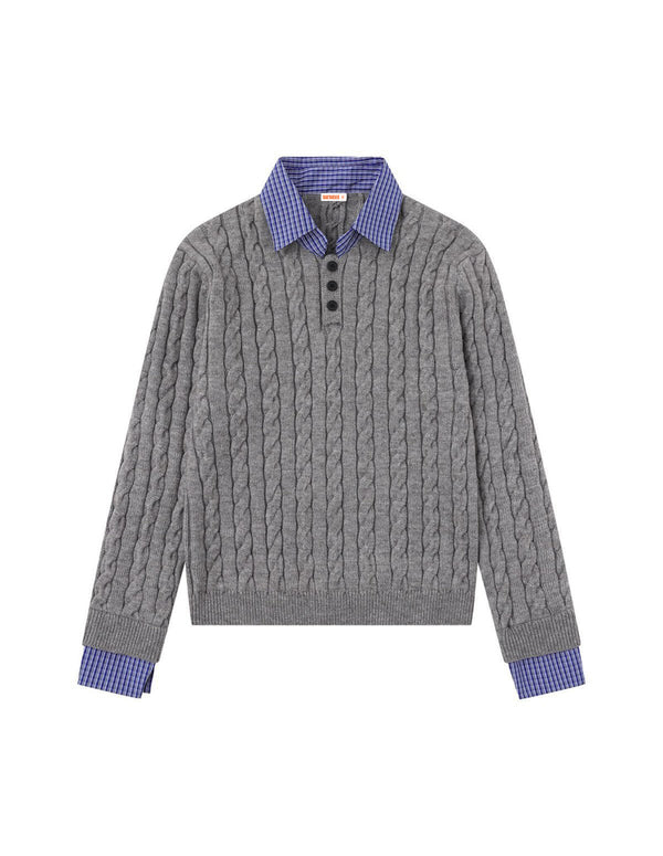 BAKYARDER Vintage Cable-Knit Layered Polo Collar Pullover Sweater