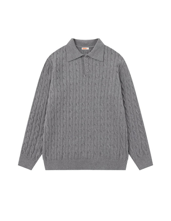BAKYARDER Vintage Cable-Knit Polo Collar Pullover Sweater