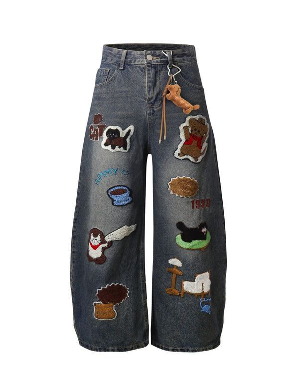 BAKYARDER Vintage Cartoon Embroidered Wide-Leg Jeans