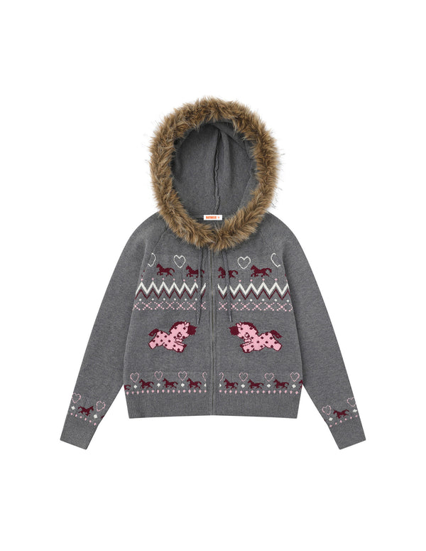 BAKYARDER Vintage Cartoon Jacquard Zip-Up Cardigan with Fur Collar