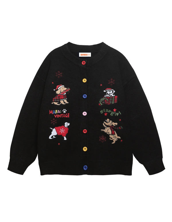 BAKYARDER Vintage Christmas Cartoon Puppy Embroidered Cardigan