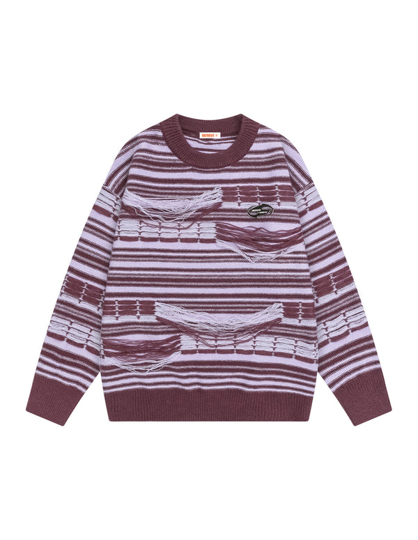 BAKYARDER Vintage Distressed Fringe Irregular Striped Sweater