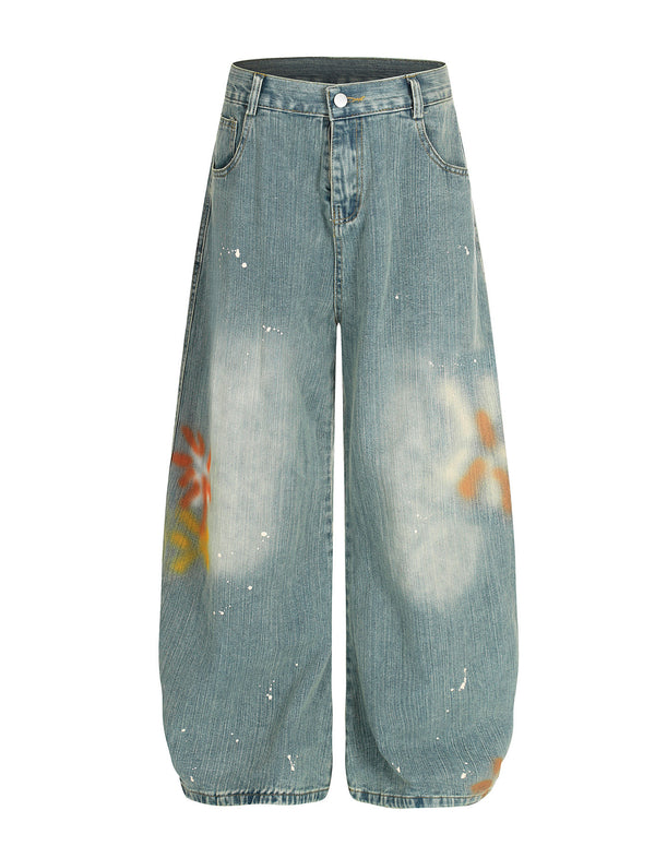 BAKYARDER Vintage Distressed Graffiti Splatter Barrel Jeans