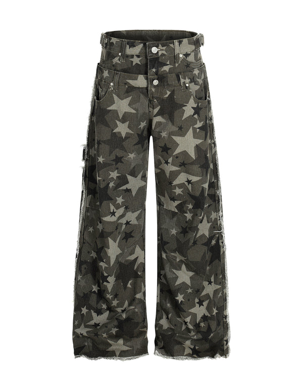 BAKYARDER Vintage Double-Waist Star Camo Wide-Leg Jeans