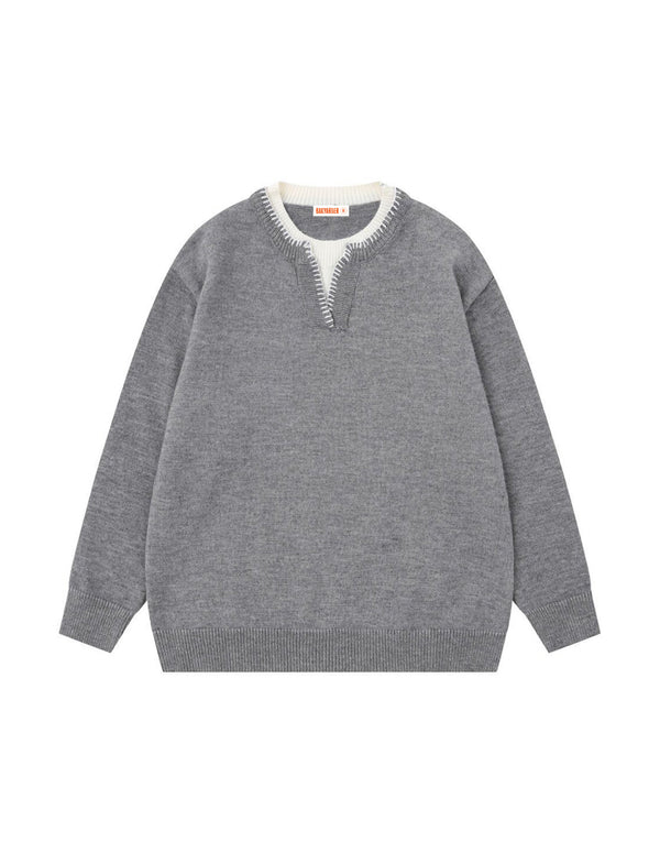 BAKYARDER Vintage Faux-Layered Patchwork Crewneck Pullover Sweater