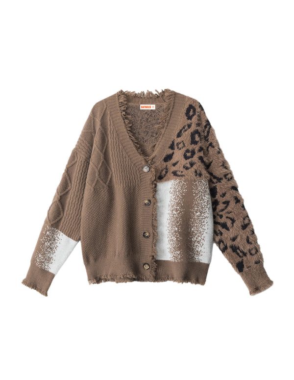 BAKYARDER Vintage Fuzzy Leopard Patchwork Cardigan Sweater