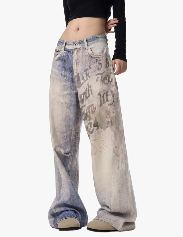 BAKYARDER Vintage Gradient Letter Graffiti Jeans