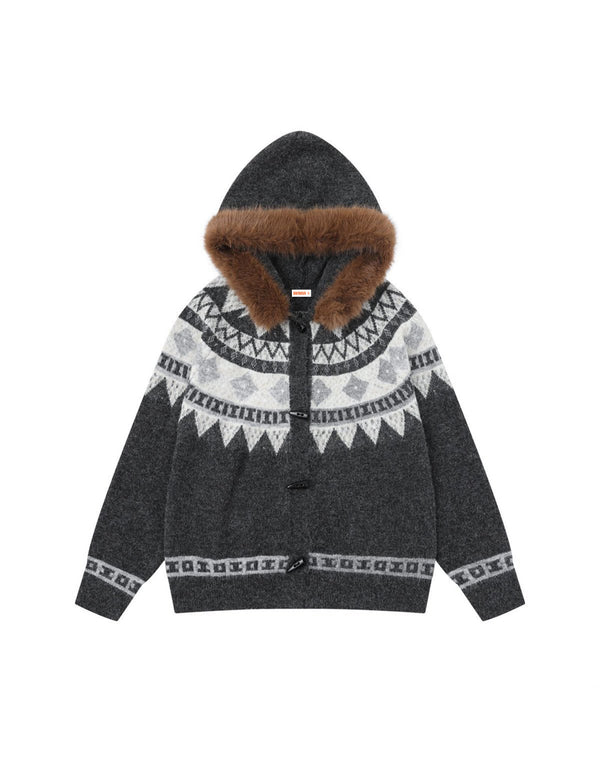 Cardigan con cappuccio e collo in pelliccia con motivo jacquard vintage BAKYARDER