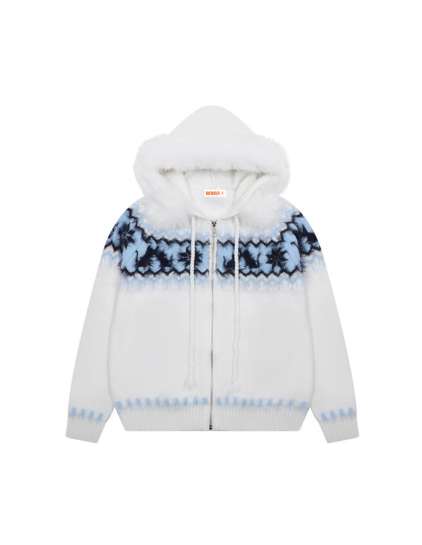 BAKYARDER Vintage Jacquard Faux Fur Collar Zip Cardigan