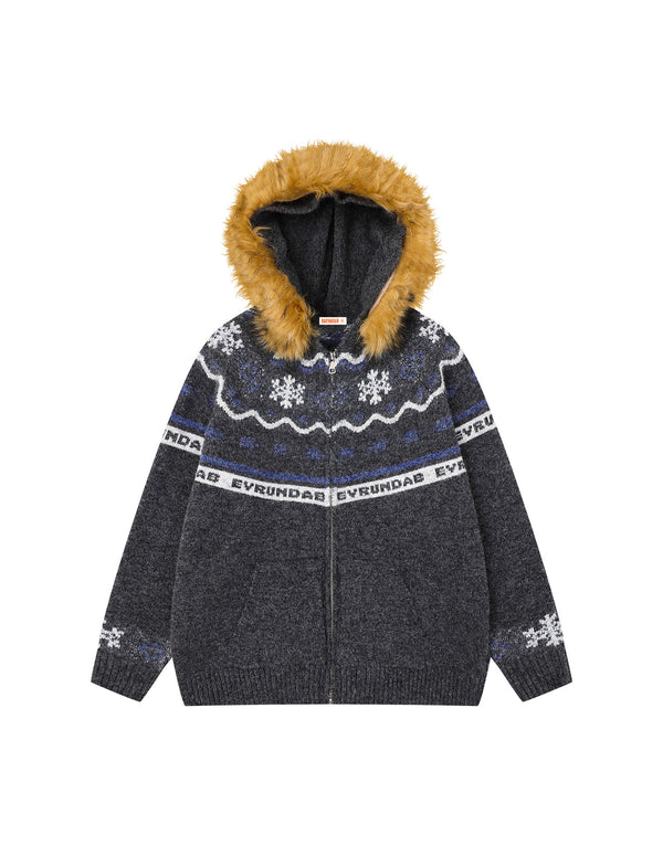 BAKYARDER Vintage Jacquard Zip-Up Hoodie with Faux Fur Collar