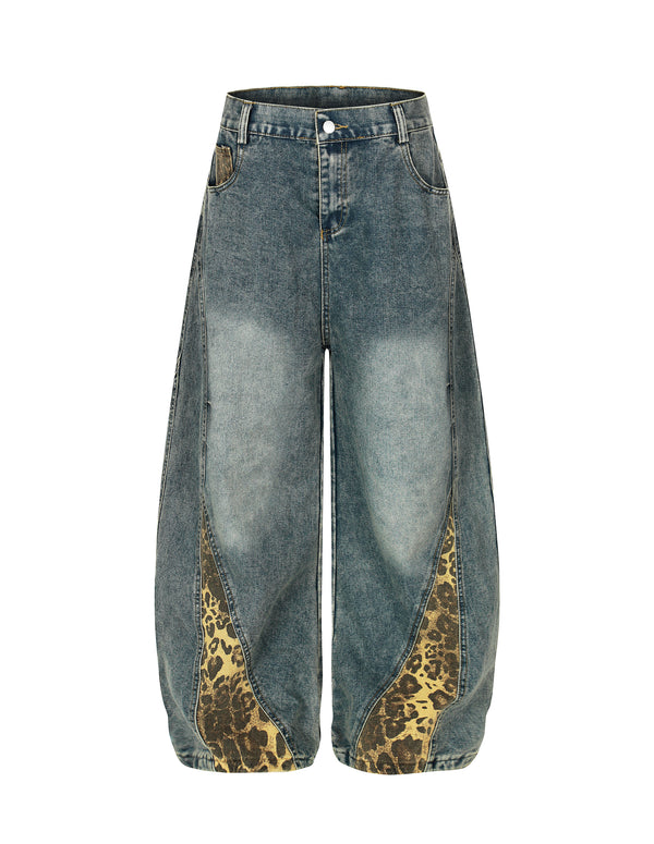 BAKYARDER Vintage Leopard-Print Patchwork Barrel Jeans