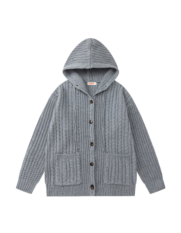 BAKYARDER Vintage Minimalist Cable Knit Hooded Cardigan Sweater