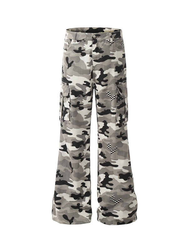 BAKYARDER Vintage Multi-Pocket Camo Flared Cargo Pants