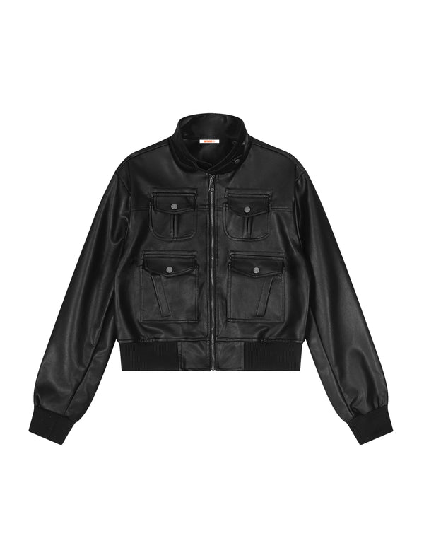 BAKYARDER Vintage Multi-Pocket Stand Collar Cropped Moto Leather Jacket