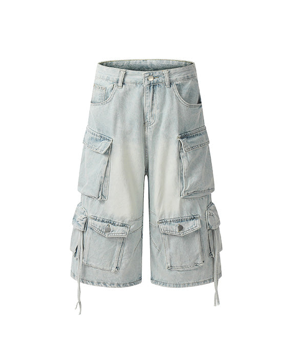 BAKYARDER Vintage Multi-Pocket Washed Denim Cropped Pants