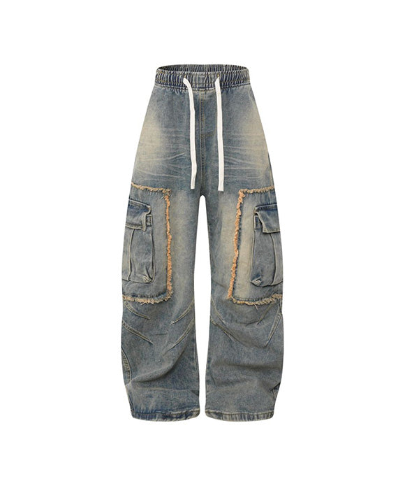 BAKYARDER Vintage Patchwork Large Pocket Cargo Barrel Jeans