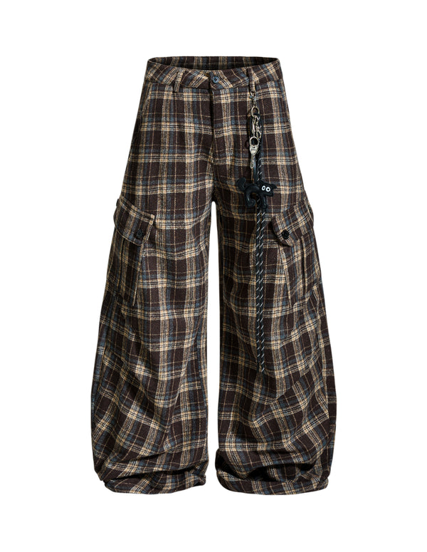 BAKYARDER Vintage Plaid Wide-Leg Barrel Casual Pants