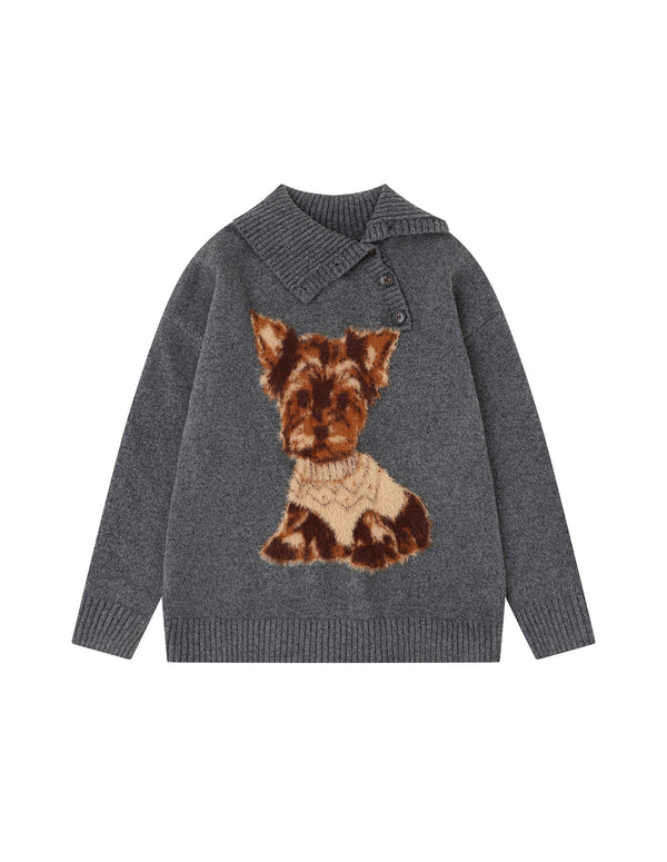 BAKYARDER Vintage Puppy Jacquard Asymmetric-Neck Pullover Sweater